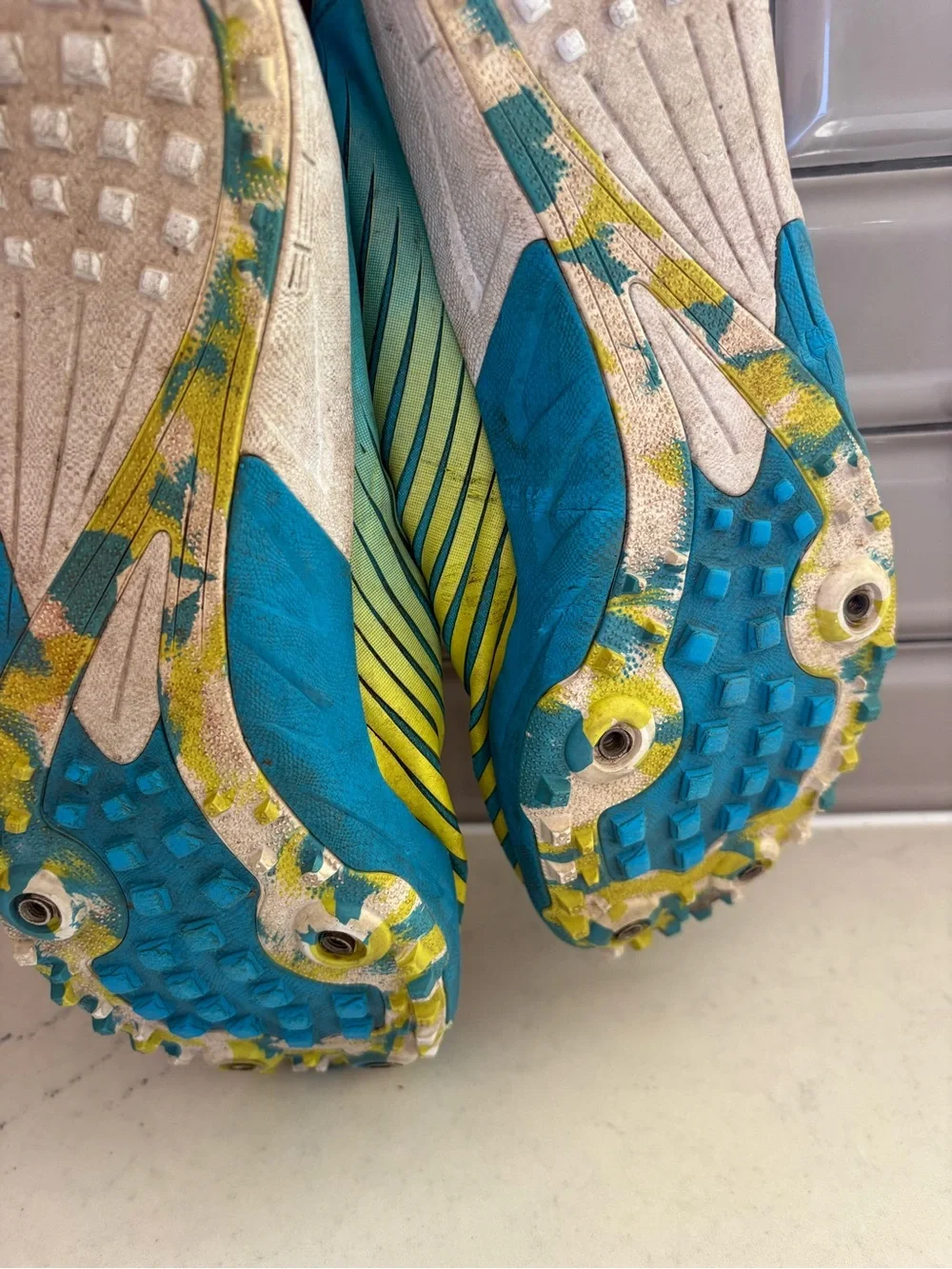 Hoka One One Women's Teal Yellow Running Shoes with Pink Laces size 10
